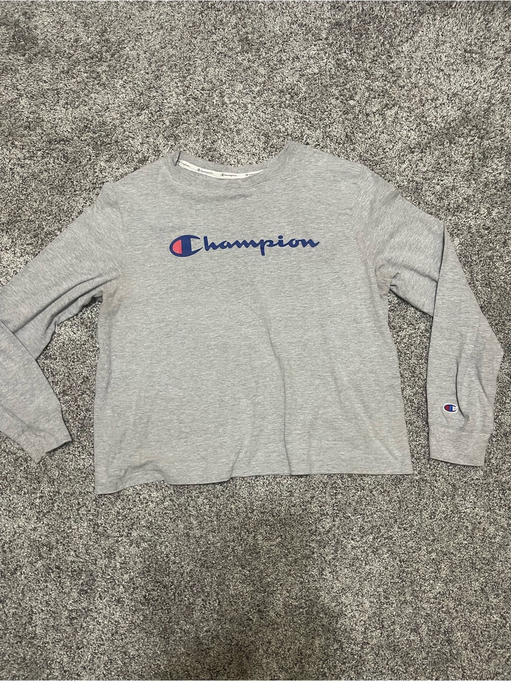 Champion Women's Light Gray Long Sleeve Logo Tee with Blue & Red Accents